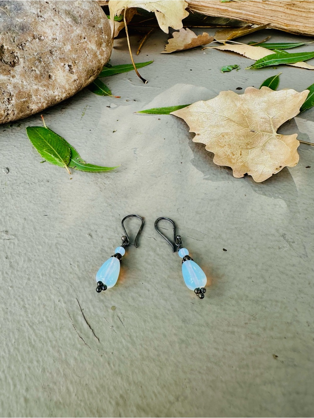 Blue Opalite Drop Earrings with Black Accents